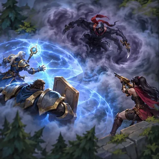 A smoke-shrouded assassin circles a marksman while nearby allies prepare an area spell.