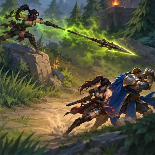 A green projectile travels across the lane as a marksman sidesteps toward a protective ally.
