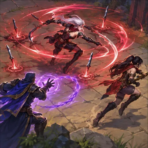 A blade assassin spins among dropped daggers while an ally prepares a crowd-control spell.