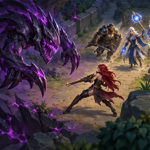 A void creature threatens a lone marksman while two allied champions remain close by on the lane.