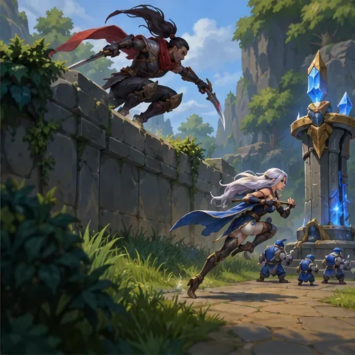 An agile assassin vaults a stone wall as a marksman retreats toward allied minions and a turret.