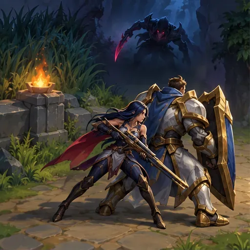A marksman stays beside a shield-bearing ally while an assassin approaches from the fog of war.
