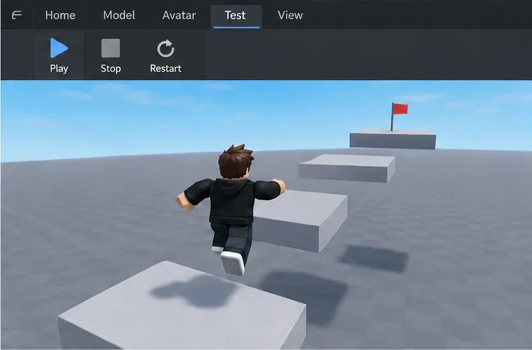 A Roblox avatar playtesting an obstacle course and jumping from one platform toward the next