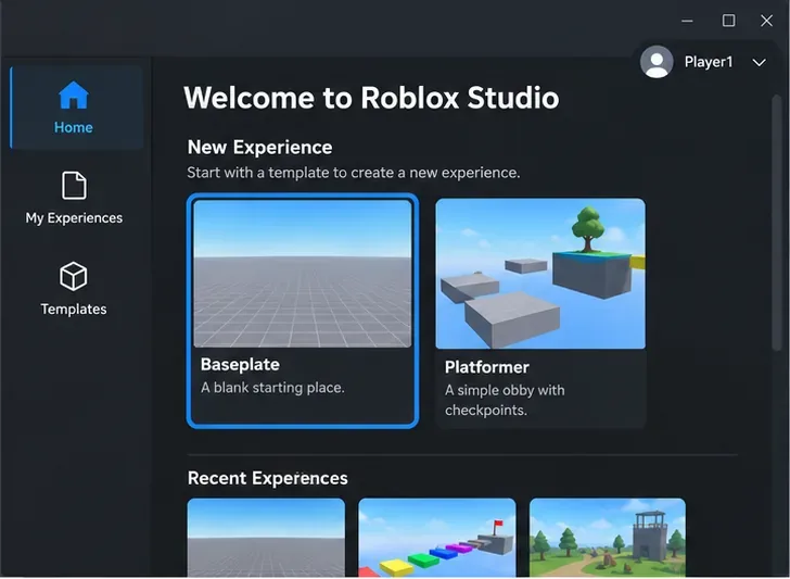 Roblox Studio welcome screen with a Baseplate and Platformer template beside the navigation panel