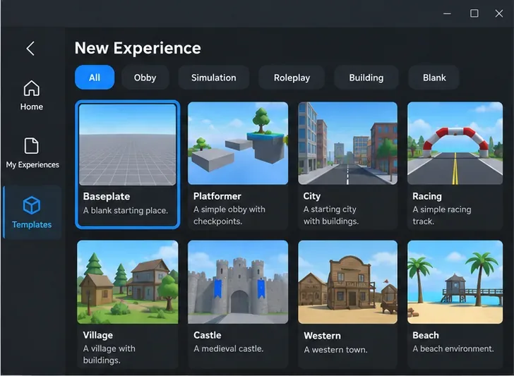 Roblox Studio New Experience template chooser with Baseplate selected and Platformer, City, and Racing cards visible
