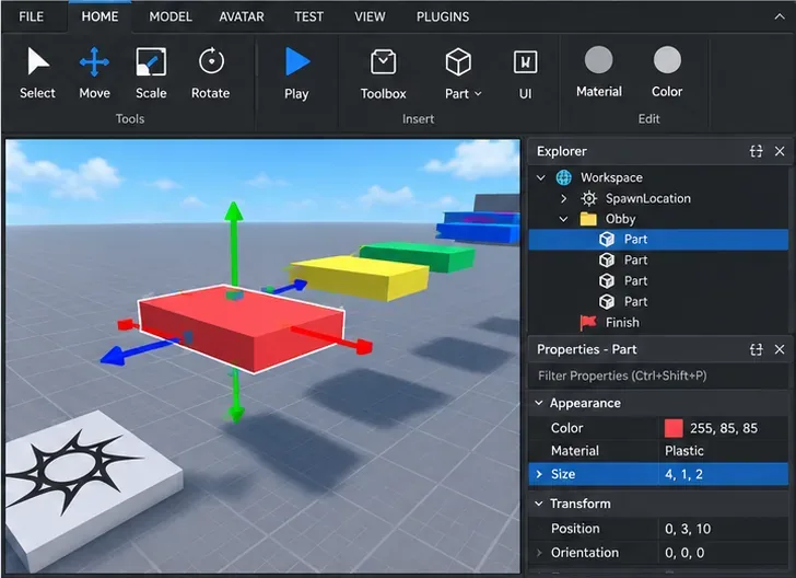 A red platform selected in the Roblox Studio viewport with Move handles and its Size and Color fields visible in Properties
