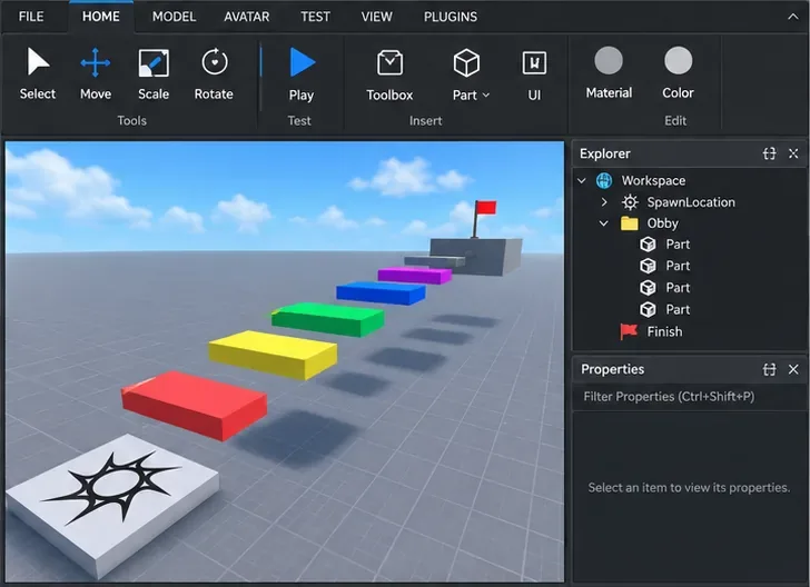 A simple Roblox Studio obby made from colored rectangular platforms leading from a SpawnLocation toward a finish flag