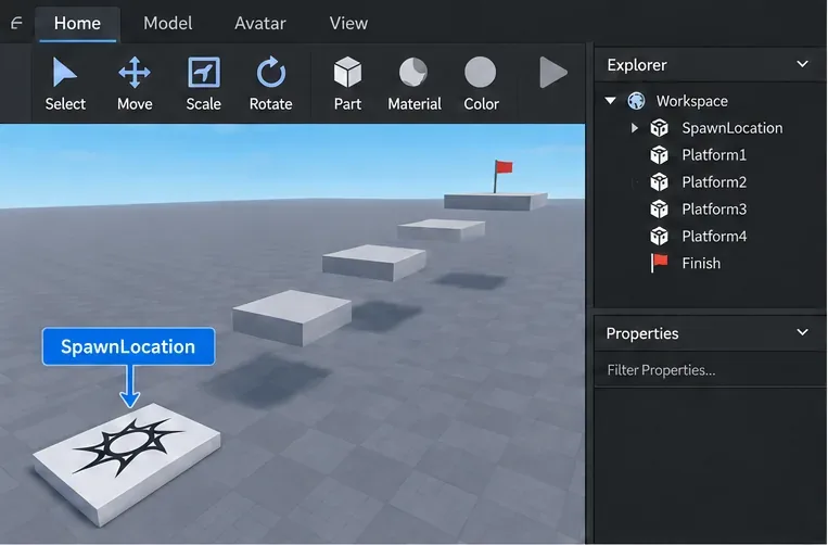 A default SpawnLocation at the beginning of a simple Roblox Studio obstacle course