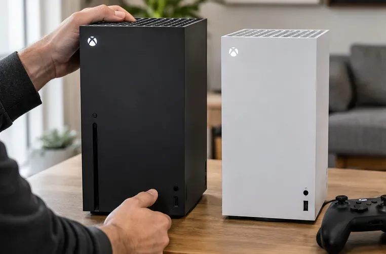 เครื่อง Xbox Series X สีดำแบบมีไดร์ฟอ่านแผ่น และเครื่อง Xbox Series X สีขาวแบบดิจิทัลล้วน วางอยู่บนโต๊ะเพื่อเปรียบเทียบรุ่น