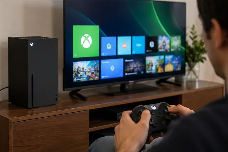ระหว่างการทดสอบเปิดเครื่องแบบสดๆ เครื่อง Xbox Series X เชื่อมต่อกับโทรทัศน์ในห้องนั่งเล่น โดยมีผู้ซื้อถือคอนโทรลเลอร์ไร้สายอยู่