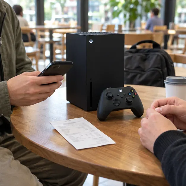 A buyer and seller reviewing an Xbox Series X and paper receipt at a public cafe table