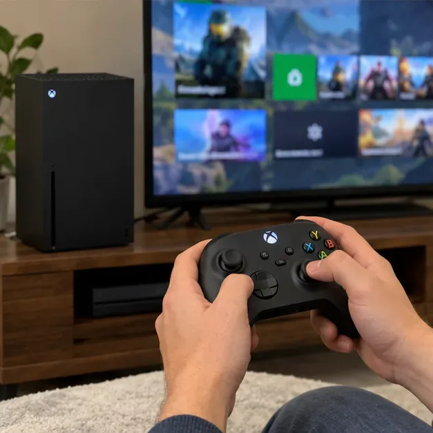 Xbox Series X beside a television while a person tests it with the wireless controller