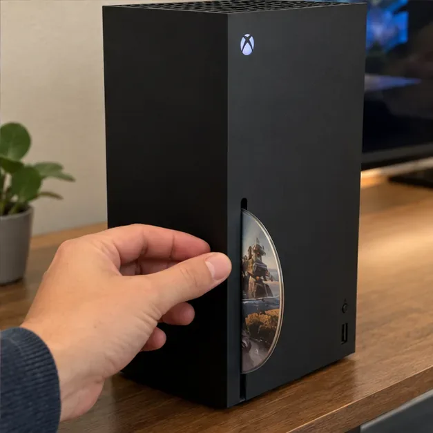 A hand inserting a game disc into the slot-loading drive of an Xbox Series X