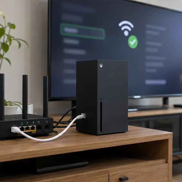 Xbox Series X connected to a home router by Ethernet, with a blurred connection screen on a television