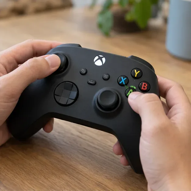 Hands testing the thumbsticks and face buttons on an Xbox wireless controller