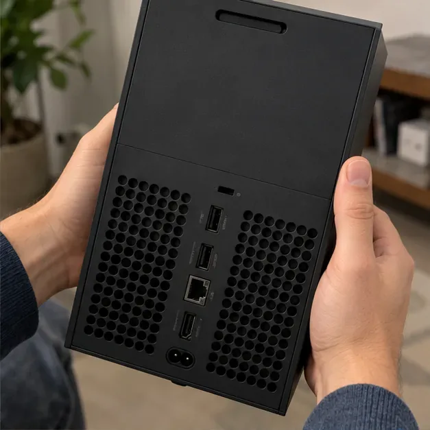 Hands holding the back of an Xbox Series X while checking its ports and ventilation openings