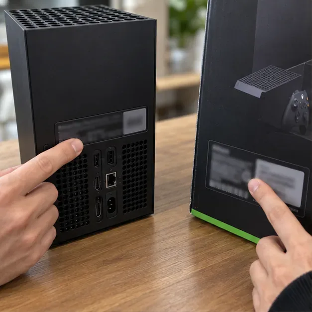 Hands comparing the serial-number labels on the back of an Xbox Series X and its retail box