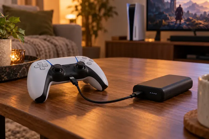 A DualSense controller connected by USB-C to a compact power bank on a living-room table