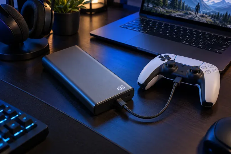 A large-capacity power bank charging a game controller beside a laptop on a gaming desk