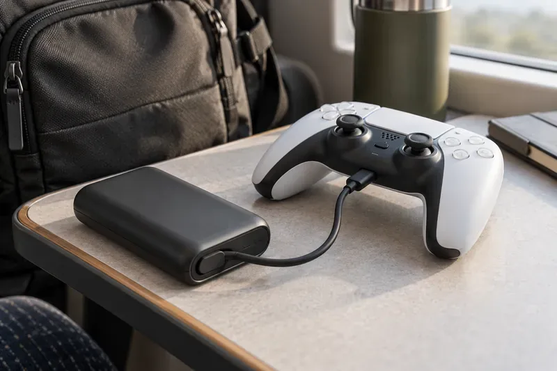 A USB-C power bank connected to a game controller on a travel desk beside a backpack