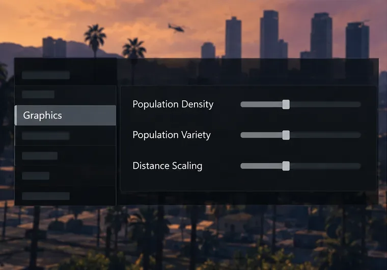Illustrative GTA V graphics menu with Population Density, Population Variety, and Distance Scaling sliders
