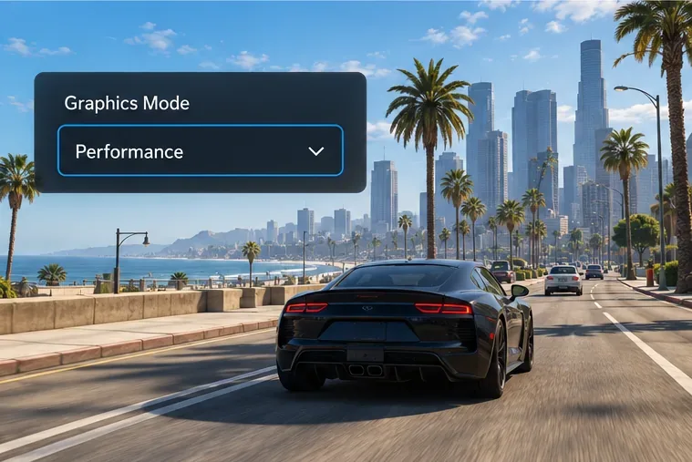 Illustrative console graphics menu with Performance selected over a modern coastal city driving scene