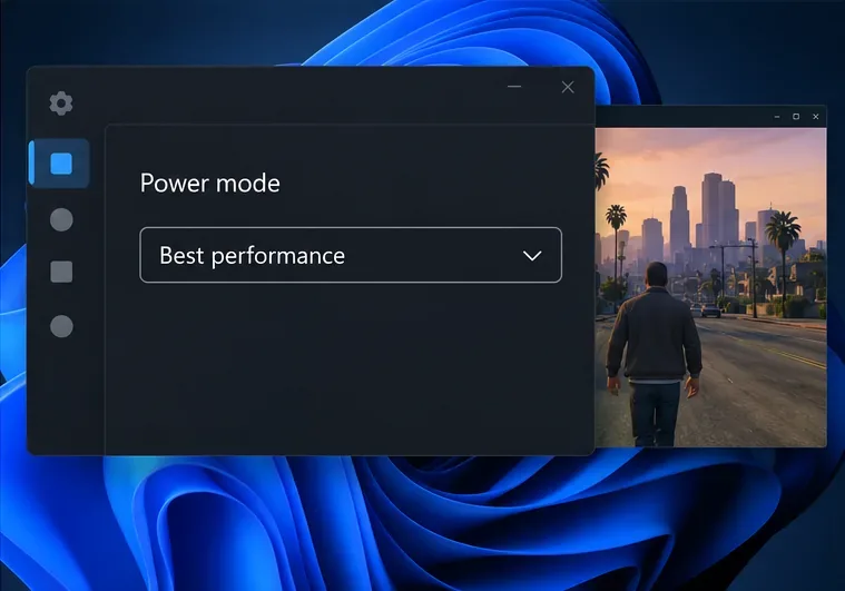 Illustrative Windows 11 Power mode menu set to Best performance beside a running game
