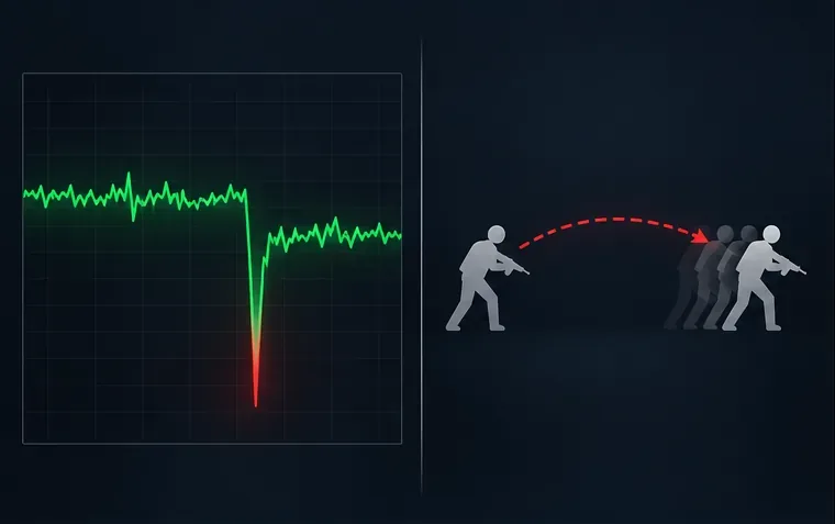 Illustrative comparison of a sharp frame-time dip beside a player trail that represents rubber-banding