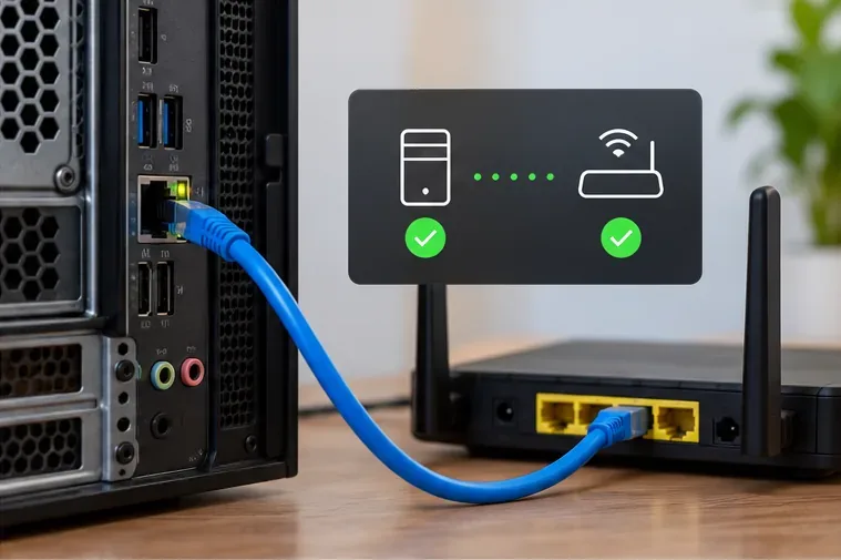 Desktop PC connected directly to a home router with an Ethernet cable