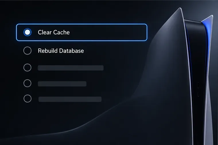 Illustrative PlayStation safe-mode menu highlighting Clear Cache above Rebuild Database