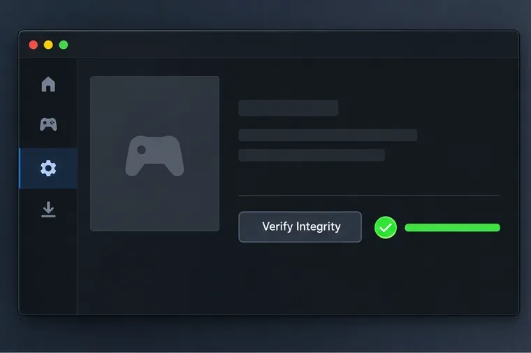 Illustrative game launcher settings page with Verify Integrity selected and a completed check indicator