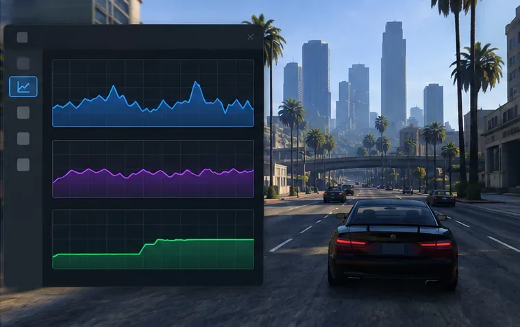 Illustrative PC resource monitor showing CPU, GPU, and memory graphs beside an open-world driving scene