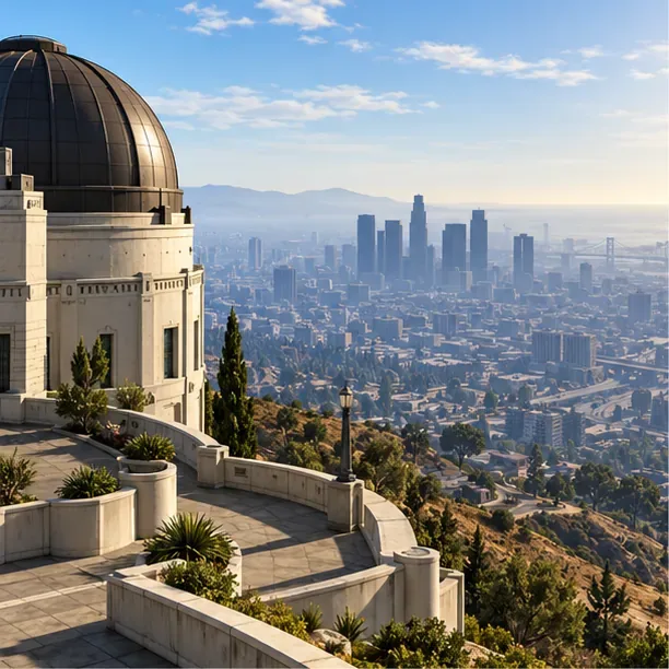Hilltop observatory terrace looking across a sunlit city skyline