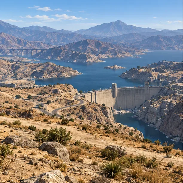 An elevated desert ridge overlooking a reservoir and concrete dam