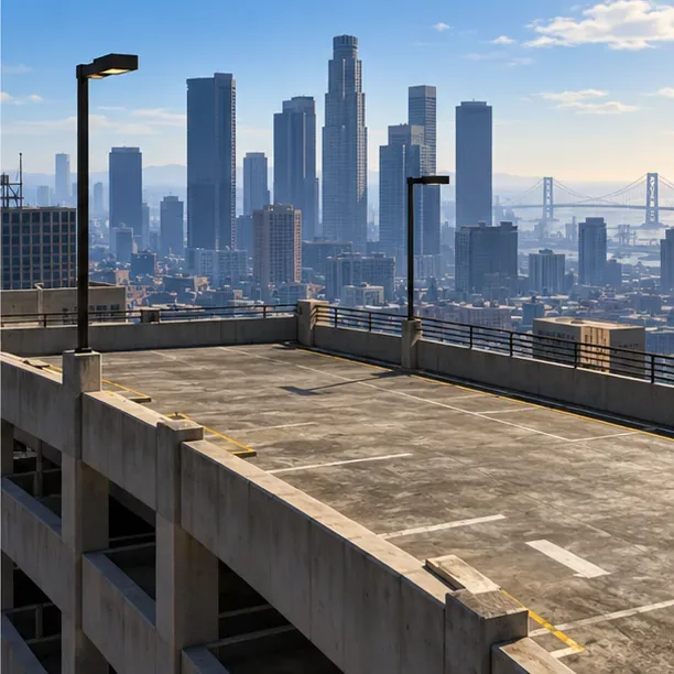 Open rooftop of a multilevel downtown parking structure overlooking city towers