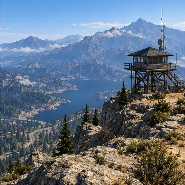 A rugged mountain ridge and lookout above a wide wilderness landscape