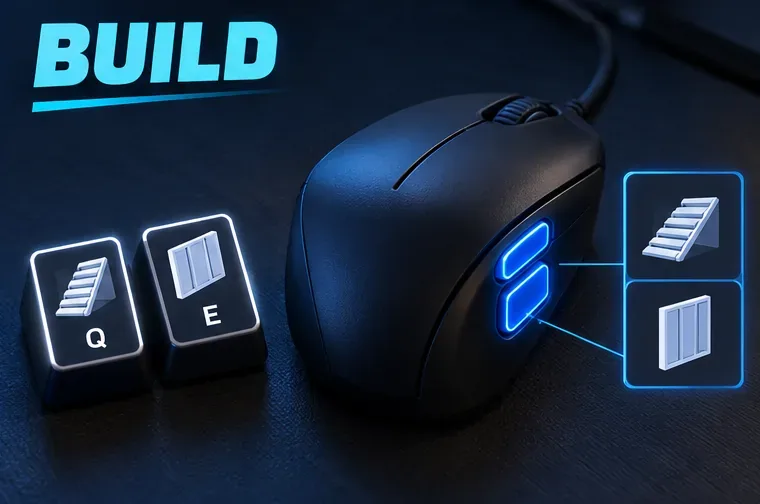 Two mouse side buttons are highlighted beside Q and E keycaps as optional Fortnite build binds