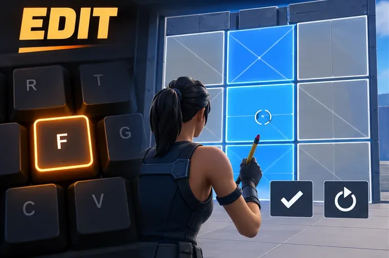 The F key is highlighted beside building edit tiles and confirm and reset symbols