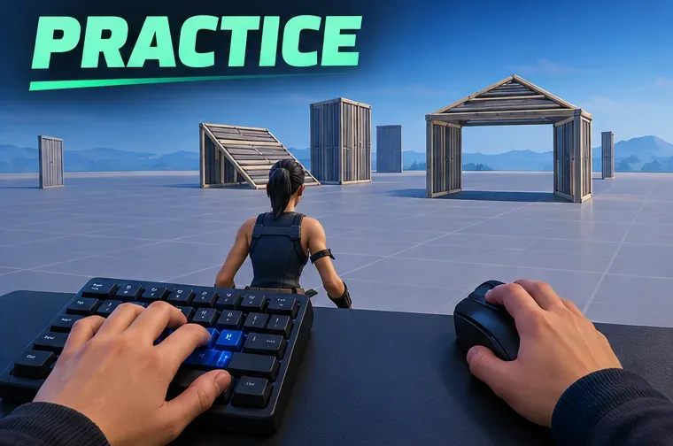 A player practices building in an empty arena with both hands on a compact keyboard and mouse