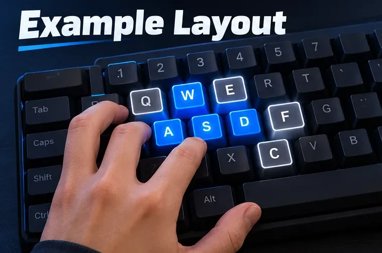 A hand rests over WASD while Q, E, F, and C are highlighted on a compact keyboard