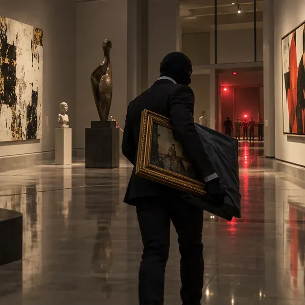 覆面をした泥棒が、額装された絵画を携えて、遠くに赤い警報灯が光る薄暗い美術館のギャラリーを通り抜けていく。