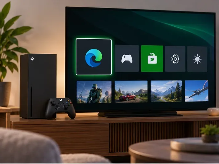 เครื่องเล่นเกมสไตล์ Xbox วางอยู่ข้างโทรทัศน์ โดยมีไอคอนเบราว์เซอร์ที่ถูกไฮไลต์อยู่ในตัวเรียกใช้งานแอป