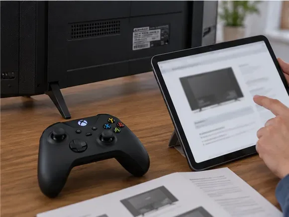 มีจอย Xbox วางอยู่ข้างแท็บเล็ต และด้านหลังของโทรทัศน์ ขณะที่เจ้าของกำลังตรวจสอบข้อมูลรุ่นของโทรทัศน์