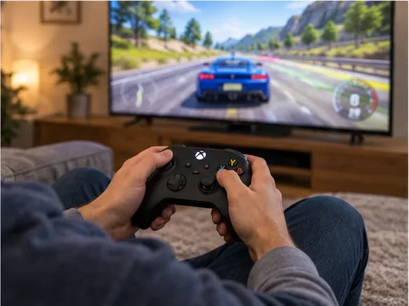 ผู้เล่นที่นั่งอยู่ถือจอย Xbox ขณะที่เกมแข่งรถทั่วไปปรากฏบนจอโทรทัศน์ขนาดใหญ่