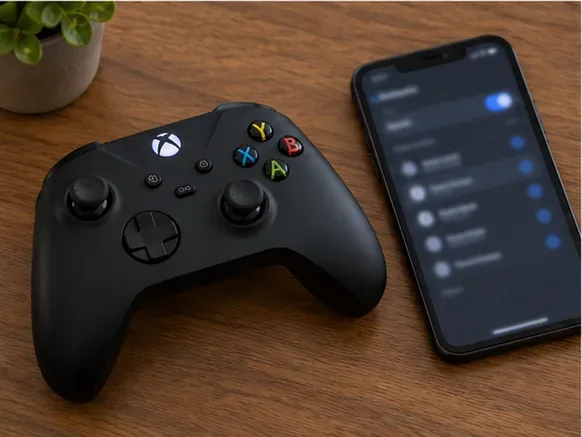 จอยควบคุม Xbox วางอยู่ข้างสมาร์ทโฟน โดยหน้าจอการตั้งค่าบลูทูธอยู่นอกโฟกัส