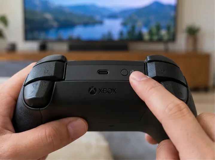 นิ้วชี้ไปที่ปุ่ม "จับคู่" ขนาดเล็กที่อยู่ด้านบนของคอนโทรลเลอร์ไร้สาย Xbox