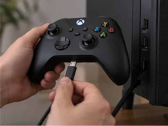 สาย USB-C ต่ออยู่กับจอย Xbox ข้างๆ พอร์ต USB บนโทรทัศน์
