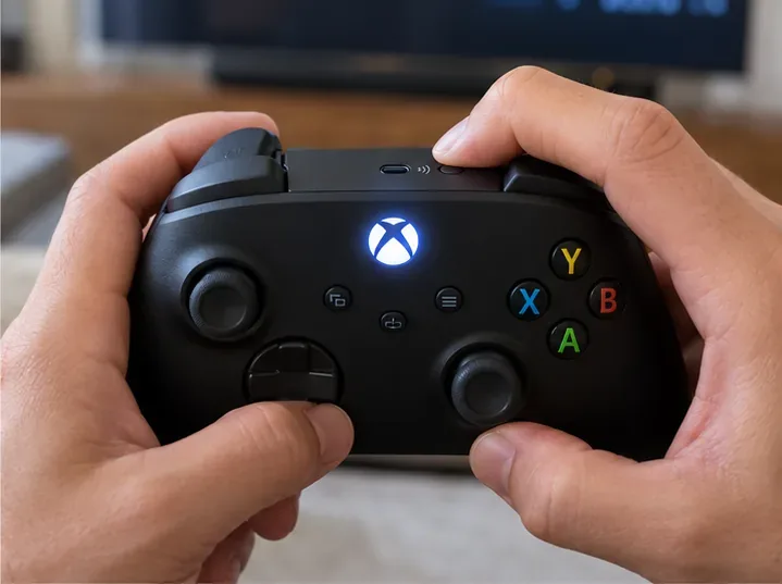 จับคอนโทรลเลอร์ไร้สาย Xbox ไว้ในมือทั้งสองข้าง แล้วกดปุ่ม Pair ที่อยู่ด้านบนสุดของคอนโทรลเลอร์ขณะที่โลโก้ Xbox สว่างขึ้น