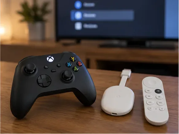 จอยควบคุม Xbox วางอยู่ข้างๆ อุปกรณ์สตรีมมิ่ง Google TV และรีโมทของอุปกรณ์นั้นวางอยู่หน้าจอโทรทัศน์