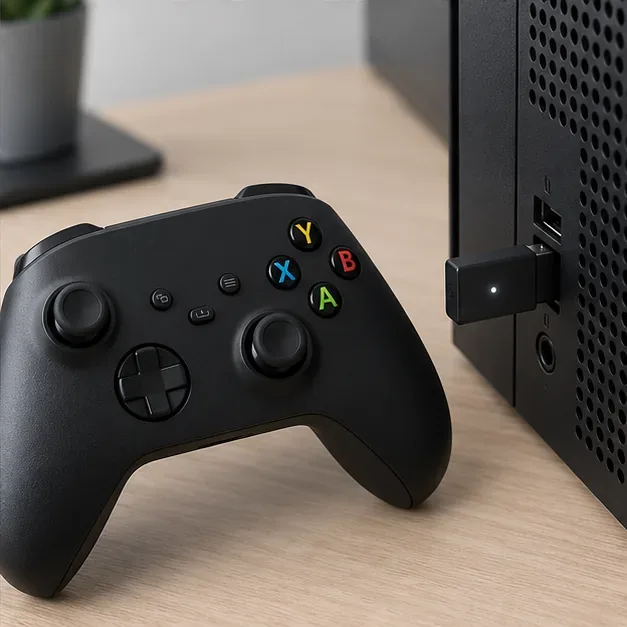 An Xbox-style controller beside a small wireless USB adapter plugged directly into a desktop PC.